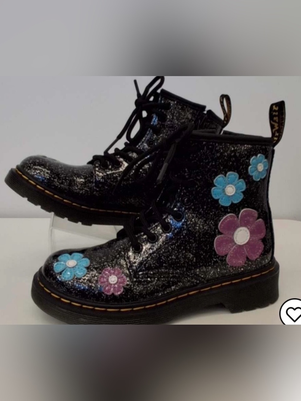Dr. Martens 1460 Cosmic Glitter Flower Appliqué Boots Kids Black Glitter Lace-Up